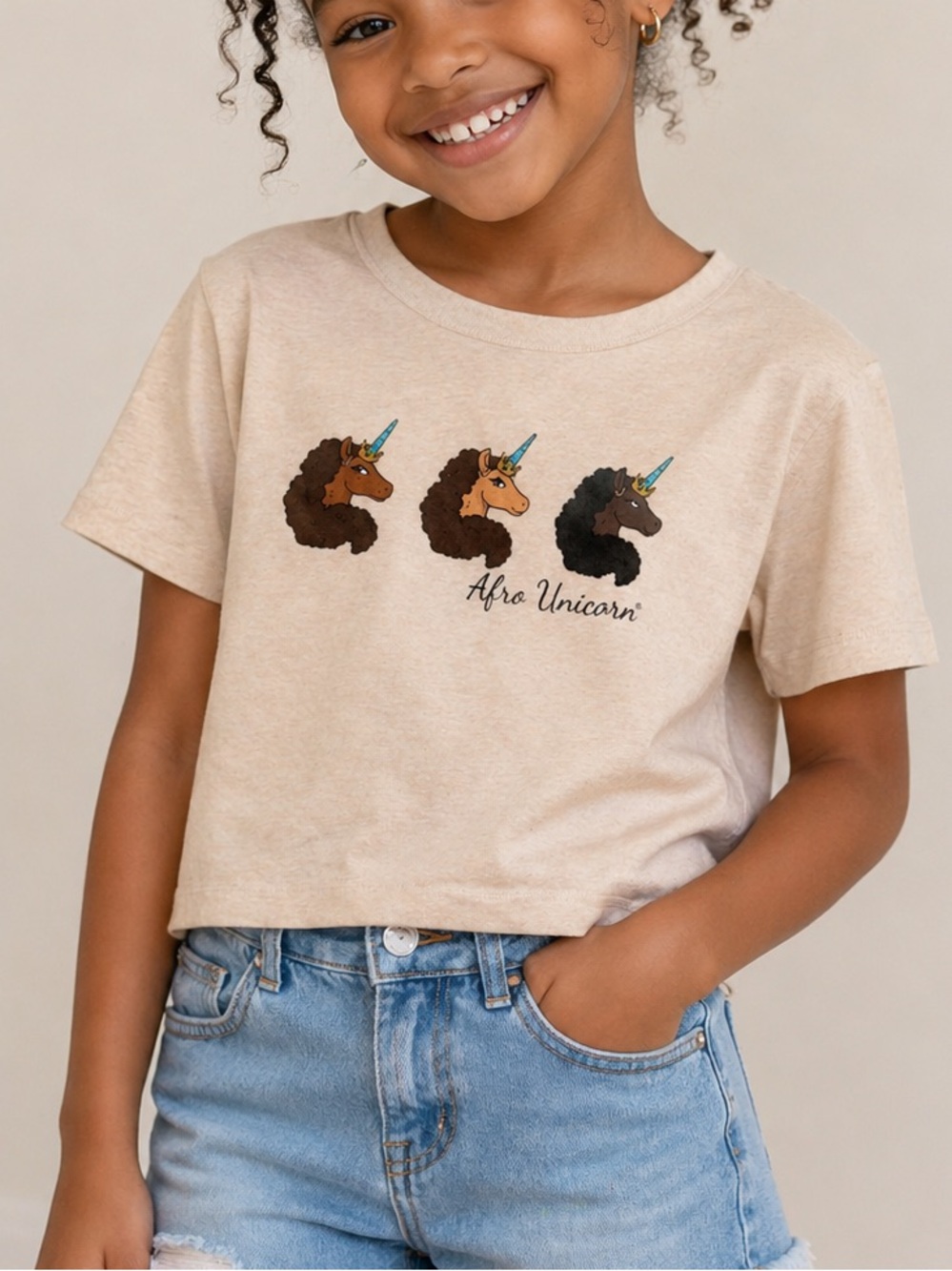 NWT Girls' Cream Graphic Short Sleeve Tee - Afro Unicorn